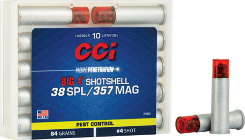 CCI Big 4 #4 Shot Size Shotshell 84 Grain .38 Special 1000 fps CCI Big 4 #4 Shot Size Shotshell 84 Grain .38 Special 1000 fps