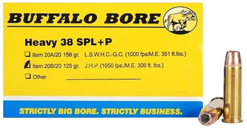 Buffalo Bore Ammunition 20B20 Heavy Strictly Business 38 Special +P 125 gr Jacketed Hollow Point (JHP) 20 Per Box/ 12 Cs