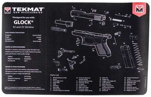 TekMat 17" Glock 42/43 Parts Diagram Rubber Cleaning Mat Black/White 11"x17"