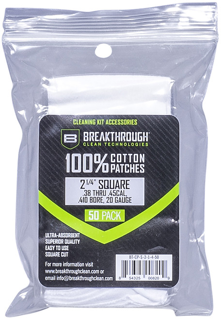 Breakthrough Clean Cotton Bore Patches .38-.45 Cal & .410-20 Gauge 50 Pack BTCPS21450