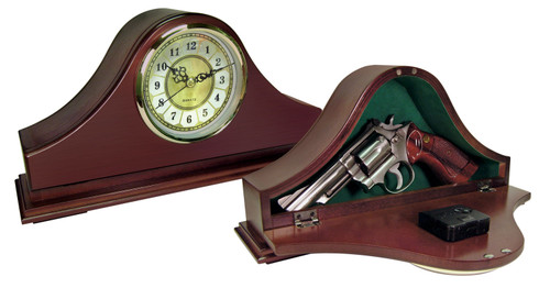 Peace Keeper MGC Mantle Gun Clock Front Panel Entry Mahogany Stain Wood Holds 1 Handgun 14.62" L x 7.37" H x 3.75" D