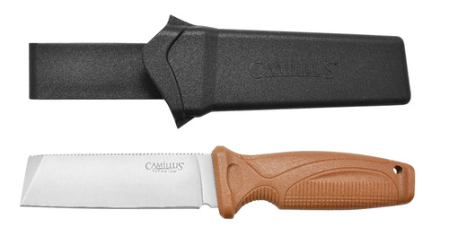 Camillus Swedge 4.30" Fixed Full-Tang Plain Blade Titanium Bonded 420 Steel, Textured Tan Handle and Sheath