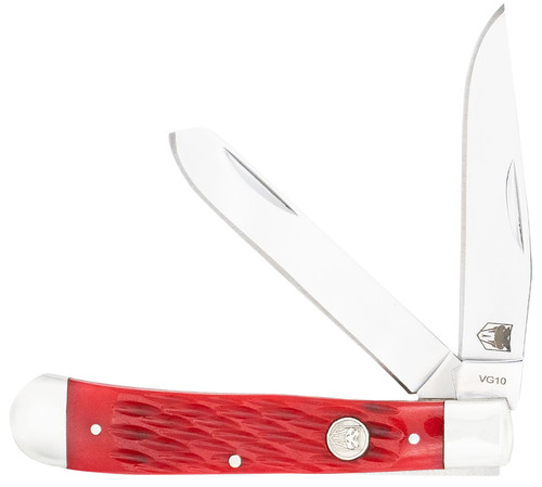 CobraTec Knives CTTDTRPREDBN Trapper Folding 2.88" Clip Point, 2.94" Spey Plain Polished VG-10 SS Blades, 4.44" Red Bone Scales/SS Handle