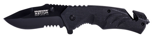 Humvee HMVKTR15 Tactical Recon Spring Assist Folder 3" Part Serrated Drop Point Blade Black Textured Handle Glass Breaker