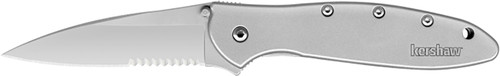 Kershaw Leek Serrated Folding Knife 3" Drop Point 14C28N Sandvik Blade, Bead Blasted 410 SS Handle with Clip