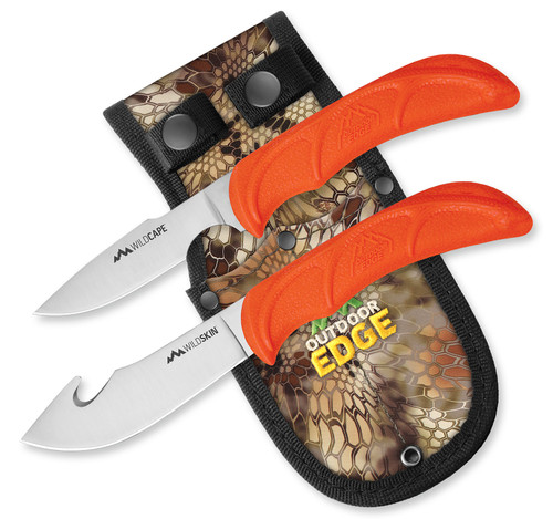 Outdoor Edge WildPair WR1C Fixed Blade Hunting Combo 420J2 SS Gut Hook and Caper Knives Blaze Orange TPR Handle