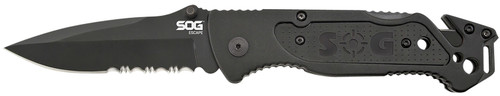 SOG Escape 3.40" Folding Part Serrated Clip Point Black Hardcased 9Cr18MoV Stainless Black Anodized Aluminum Handle Glass Breaker and Belt Clip