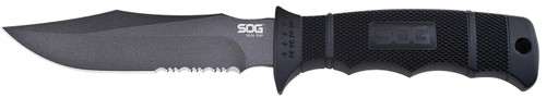 SOG Seal Pup Fixed Blade Knife 4.75" Clip Point Part Serrated AUS-8A SS Blade Black Diamond Pattern GRN Handle & Sheath