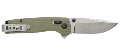 SOG Terminus XR 2.95" Folding Plain Clip Point Stonewashed D2 Steel OD Green G10 Handle with Ambidextrous Belt Clip