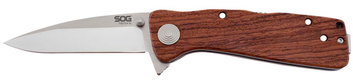 SOG Twitch II 2.65" Folding Drop Point Plain Satin AUS-8A Stainless Blade Brown Rosewood Handle with Dual Thumb Studs