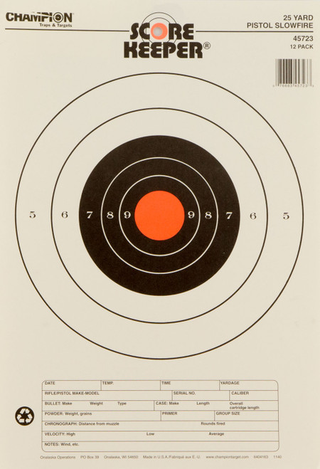 Champion Score Keeper Slow Fire Bullseye Paper Target 25 Yds Pistol 11"x16" Black/Orange 12 Pack