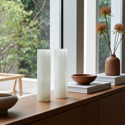 Clear White Onyx Table Lamp | Natural Stone Cylinder Lamp, 12"& 16"