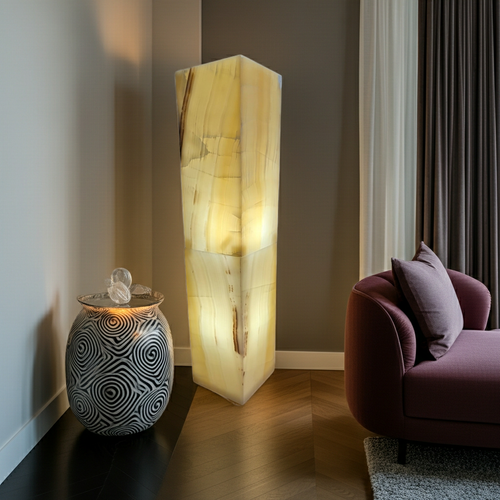 Amber Onyx Floor Lamp: 36" Natural Stone Pedestal, Statement Decor