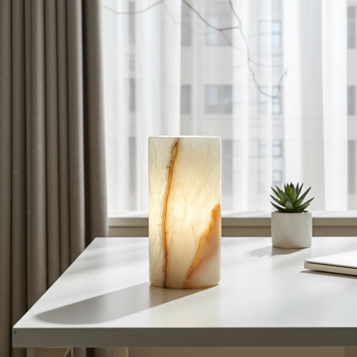 White Onyx Table Lamp with Golden-Brown Natural Veins – Handcrafted Stone Lighting (6" × 12")
