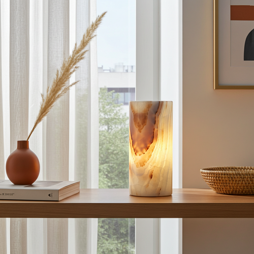 White-Golden Brown Onyx Table Lamp – Handcrafted Stone Lighting (6" × 12")