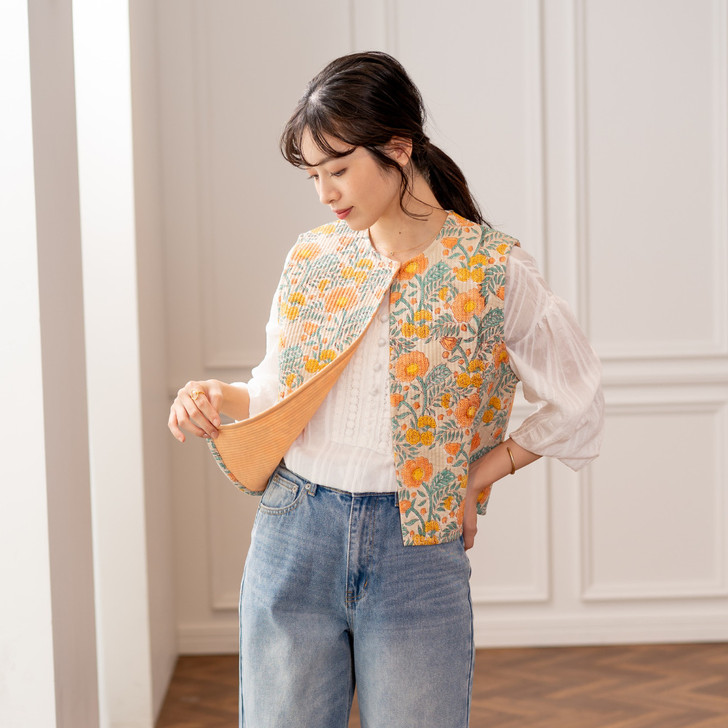 SHESAY Block Print Quilted Vest Poppy