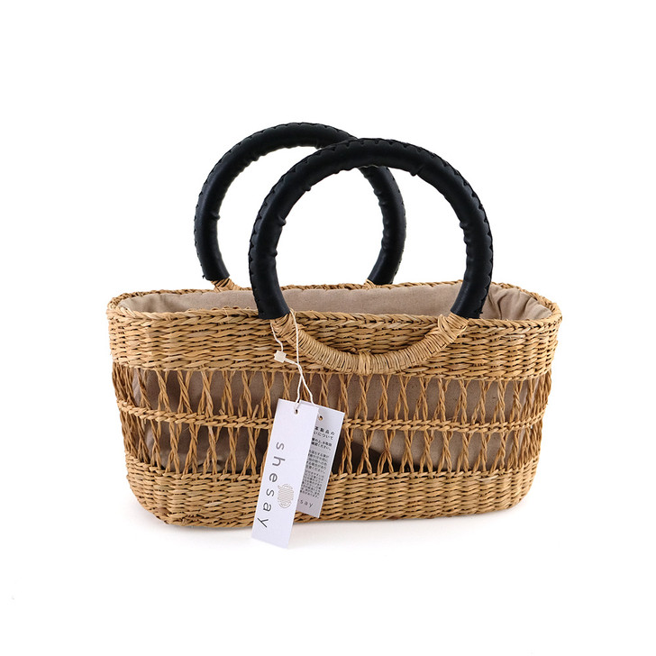 SHESAY Openwork Seagrass Round Handle Bag