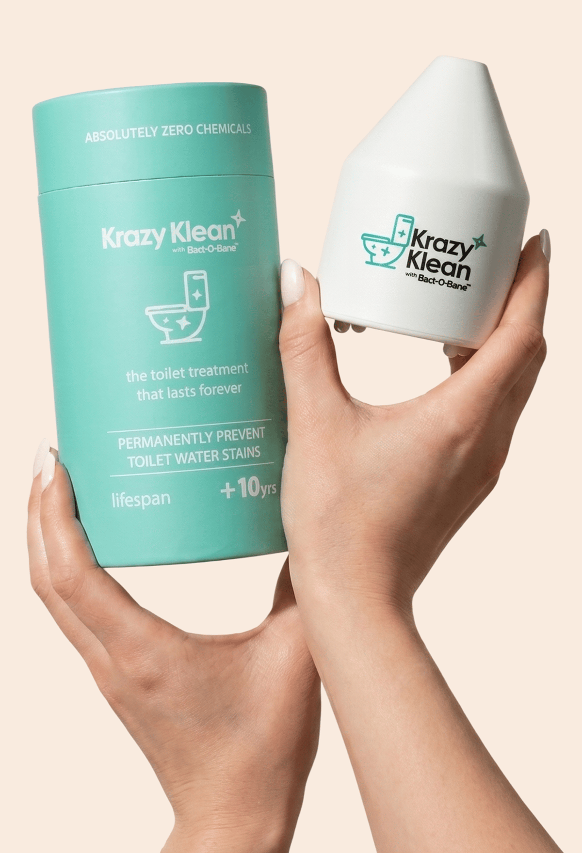 Hands holding the Krazy Klean Pro toilet treatment