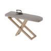 Fabric covered, folding, wood ironing board with iron