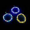 Photograph of three different available LED fairy lights: top center (pure white);  left (multi); right (warm white)