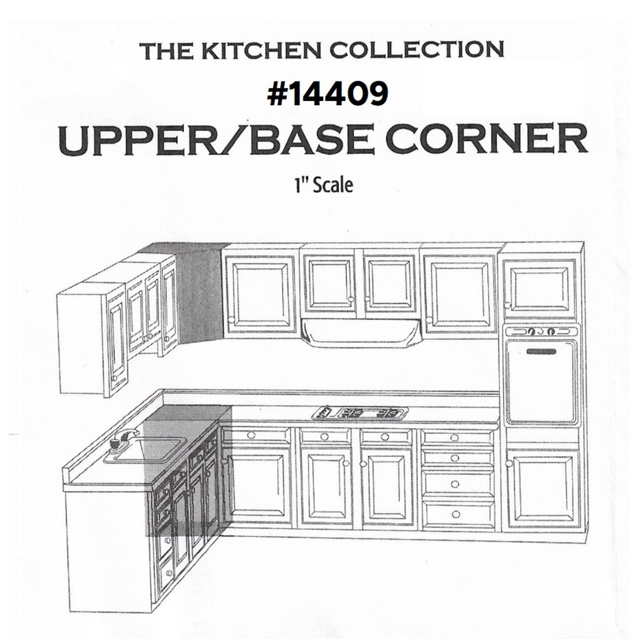 Upper and Base Cabinet components (HW14409) illustrating placement in sample kitchen arrangement