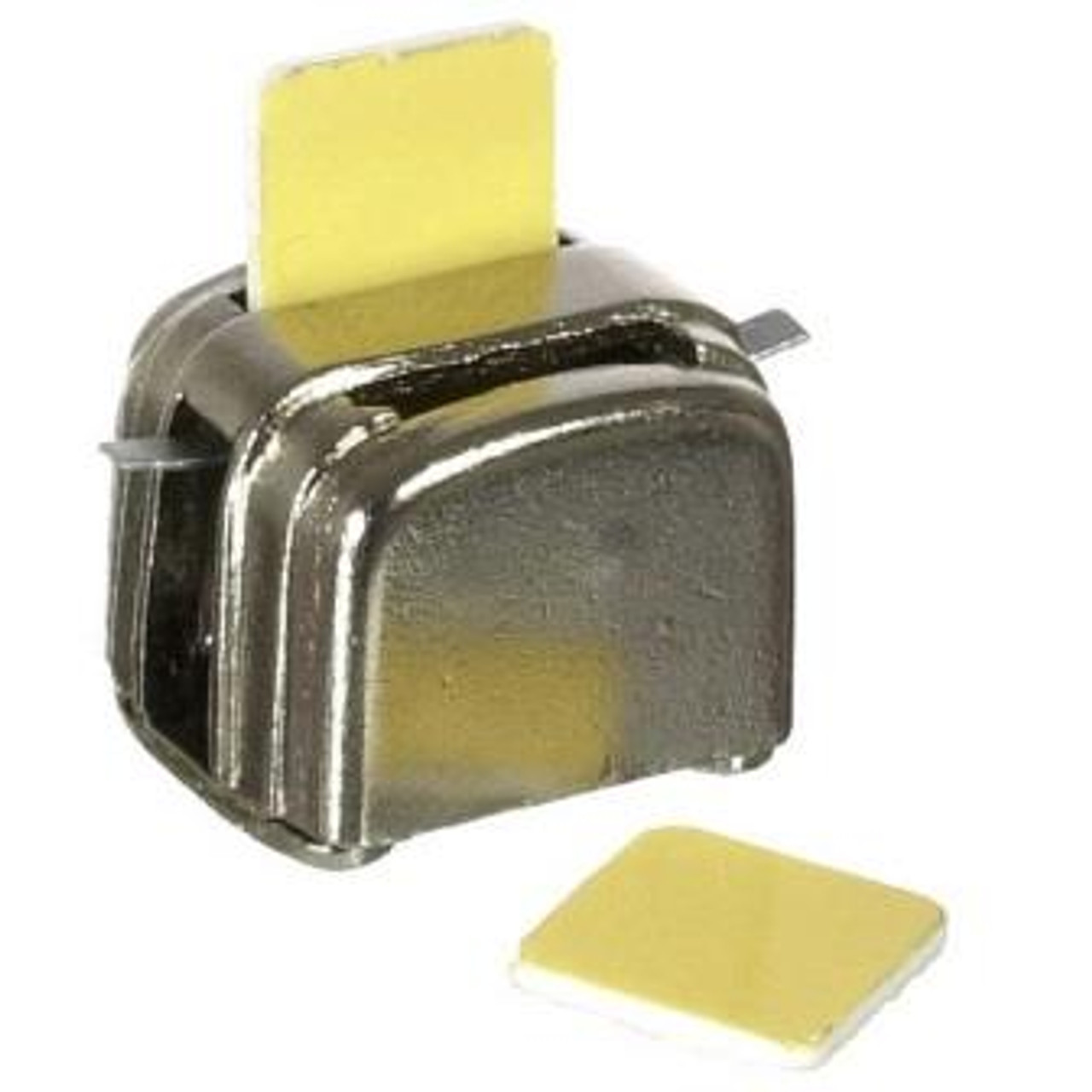 Silver toaster with in piece of bread in a slot and one piece alongside the toaster