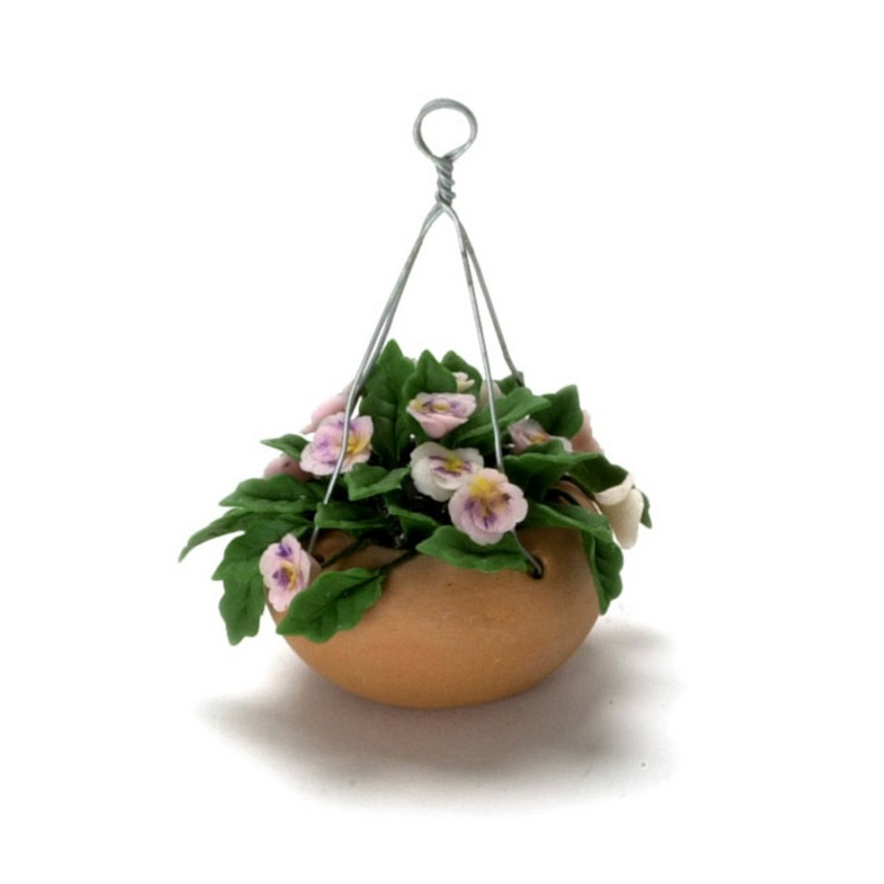 Hanging planter with pink pansies and greenery