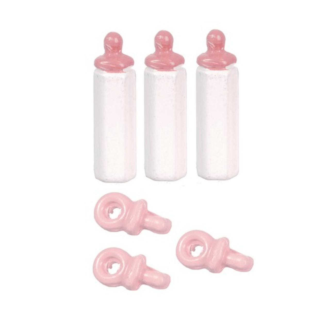 Image of pink and white bottles and pink pacifiers (6 pieces)