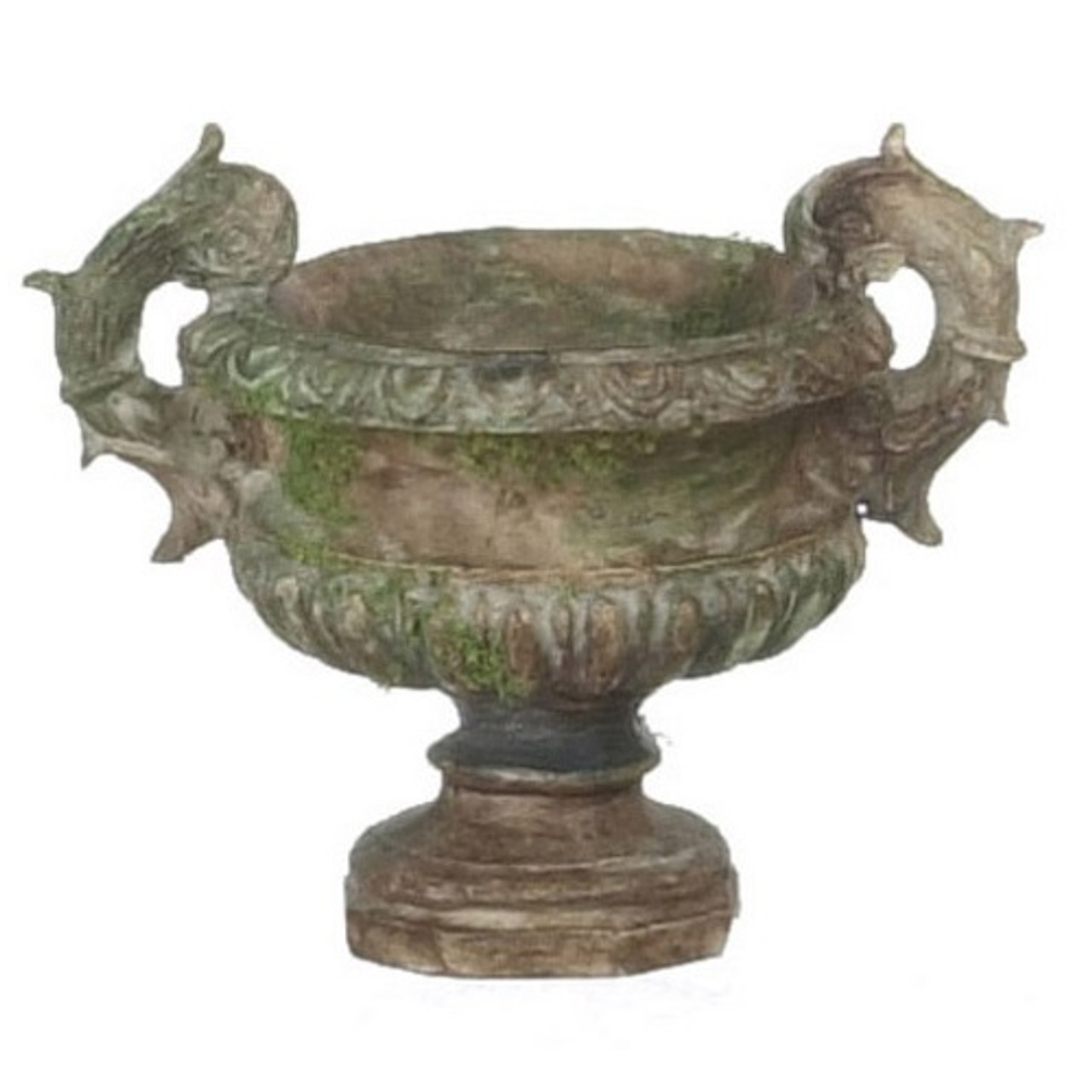 Image of aged brown urn with moss