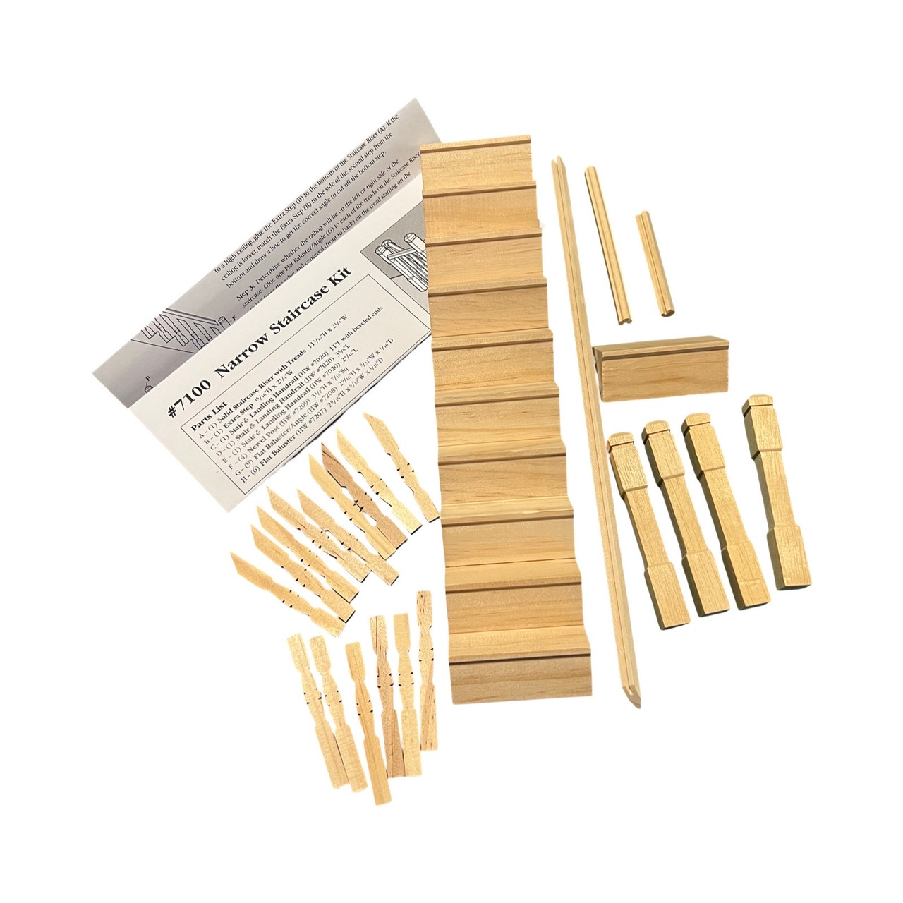 Dollhouse miniature narrow straight staircase kit components (HW7100) on white background