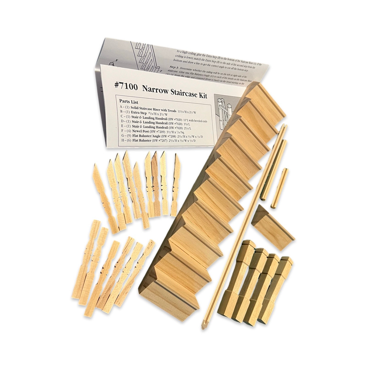 Dollhouse miniature narrow straight staircase kit components (HW7100) on white background, alternate angle.