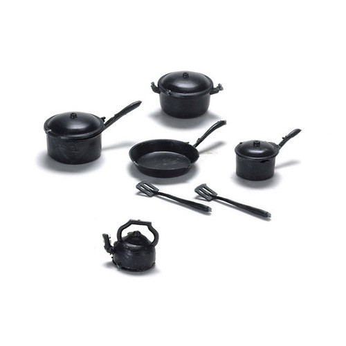 Image of black "cast  iron" pots and pans (set)