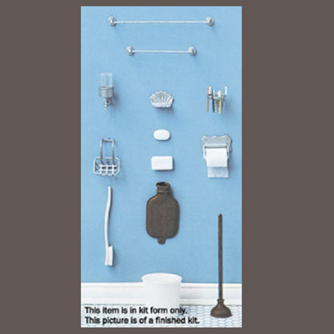 Image of finished kit components in bathroom accessory set.  Miniature.  