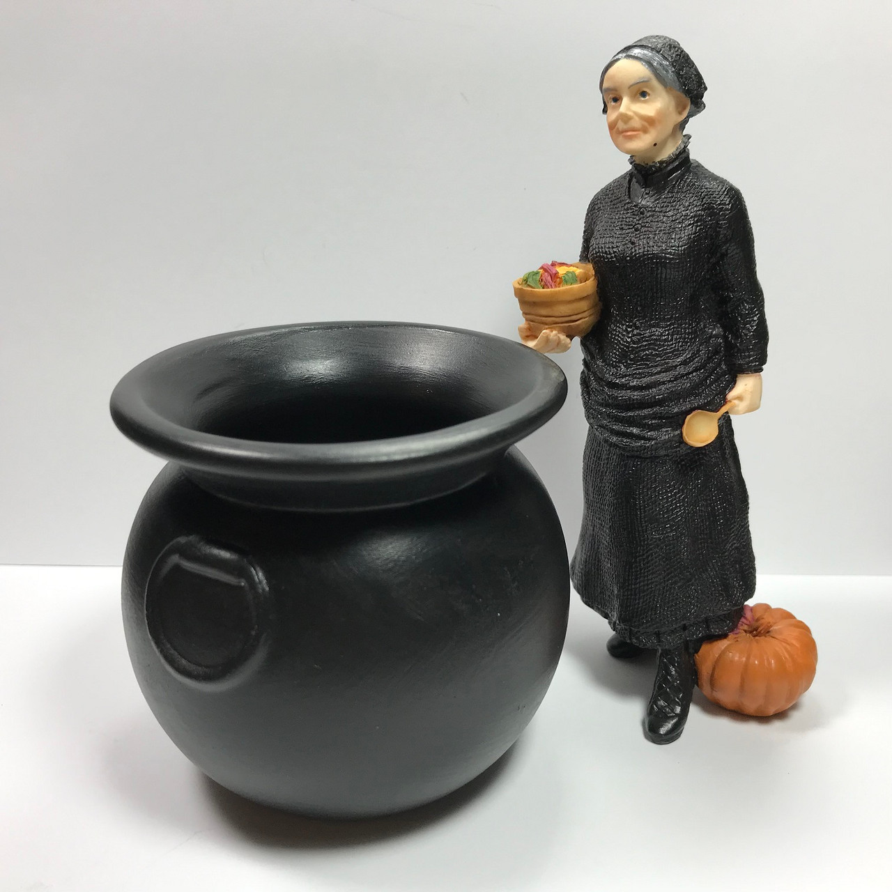 1:12 Scale Miniature Theodora Resin Witch w/Pumpkin (AZT8237W) shown with cauldron UFN1012 (sold separately, painted black)