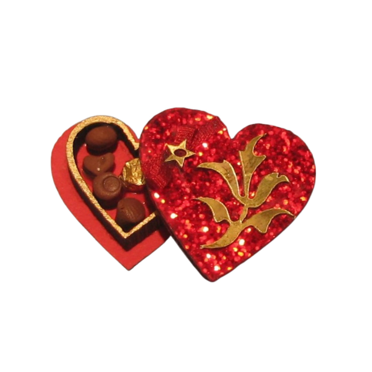 One-inch (1:12) Scale Dollhouse Miniature Heart Shaped Candy Box Kit (DFI-CB201) shown assembled.