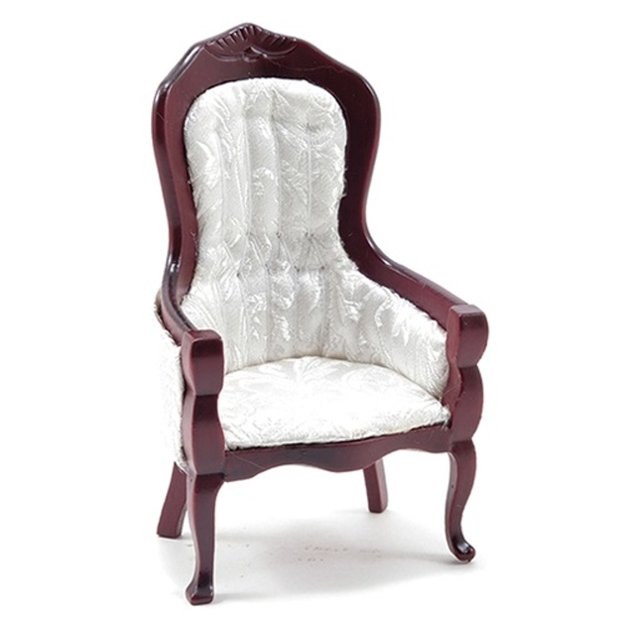 CLA10699 - One-inch (1:12) Scale Dollhouse Miniature Victorian Gent's Chair, Mahogany with White Brocade Fabric