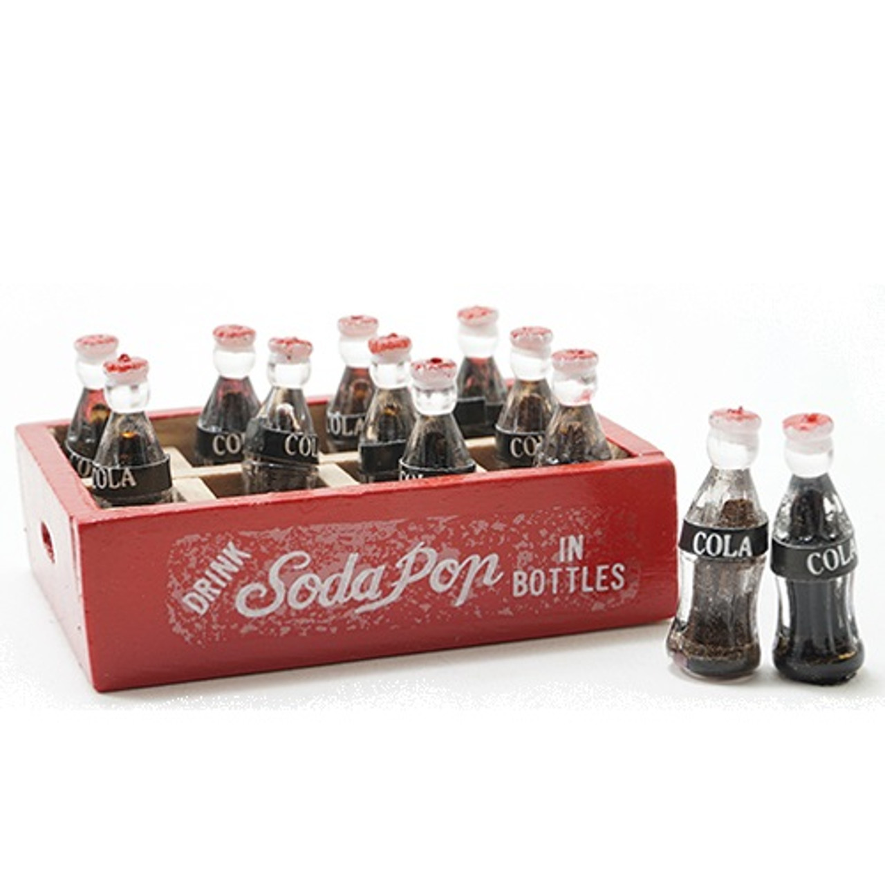Dollhouse Miniature Cola Case with 12 Cola Bottles (IM65244); two bottles shown out of case