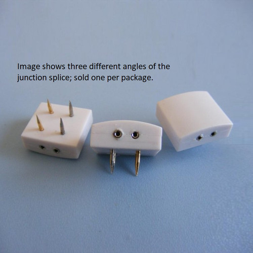 Image showing three different angles of a white CK1007 junction splice on blue background