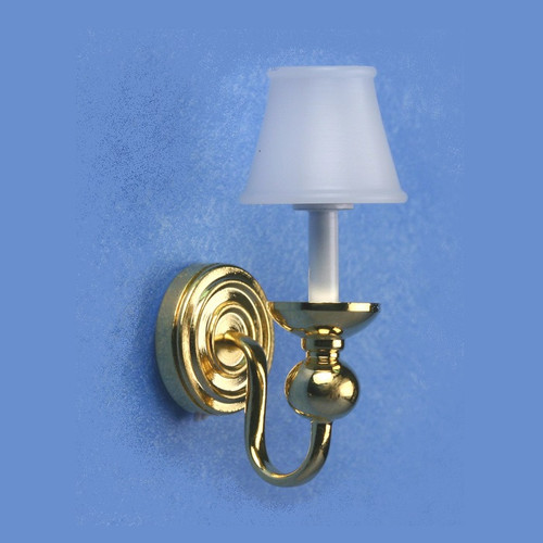 One-inch (1:12) Scale Dollhouse Miniature Brass candlestick wall sconce with white shade.