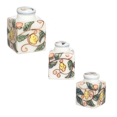 Set of three hand-painted ceramic, square shaped canisters