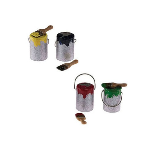 Image showing assorted paint colors on paint cans with paint brush.  Purchase is for one paintcan and brush