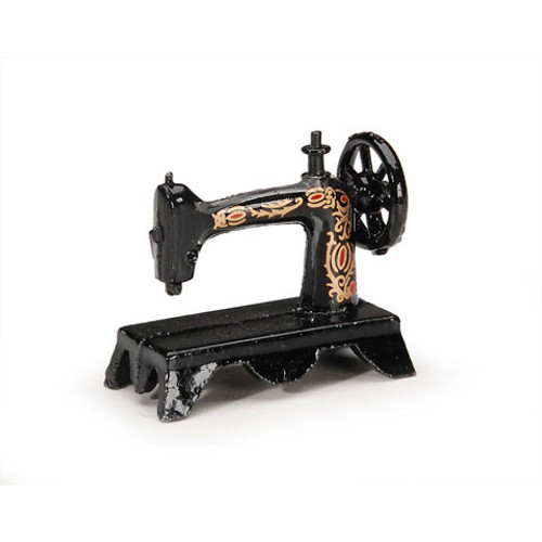 Black metal miniature vintage sewing machine.