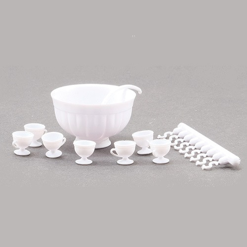 Milk white look punch bowl set with ladle, hooks, and cups in plastic