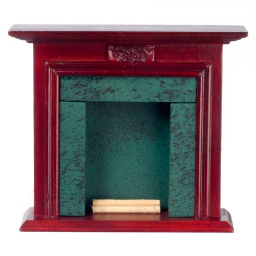 Mahogany finished dollhouse fireplace with dark green "marble" surround