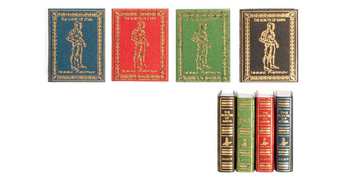 Four dollhouse miniature books representing the Isaac Asimov Robot series