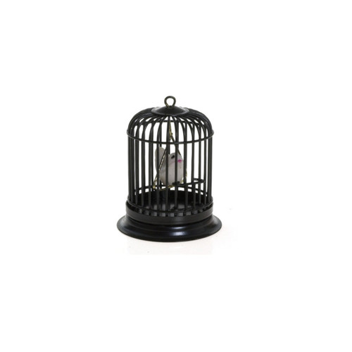 Dollhouse miniature black birdcage with white bird
