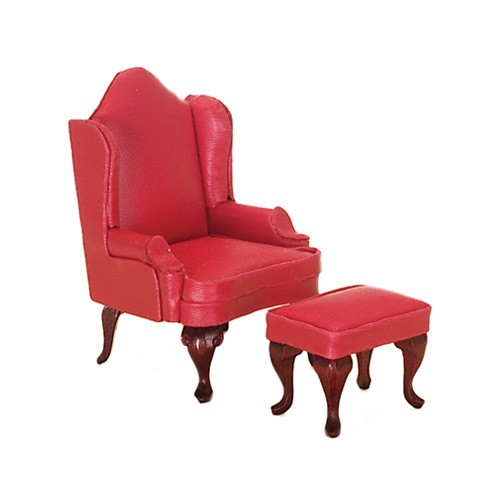 Dollhouse Miniature Wing Chair, Red w/Ottoman (AZM0859R)