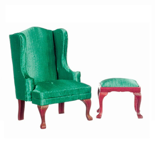 Dollhouse Miniature QA Wing Chair w/Ottoman, Emerald Green (AZT3160)