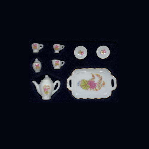 Dollhouse Miniature White/Pink China Tea Set (RBD11)