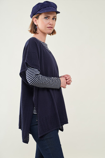 Pure Cashmere V-Neck Poncho in Navy